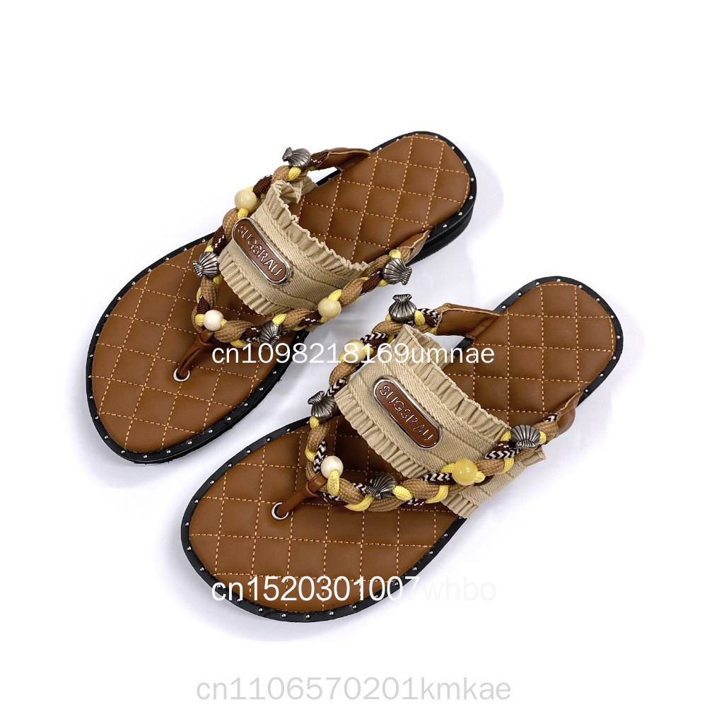 Flip Flop Leather Men - Yeni Retro Dokuma Kadın Terlikleri Kalın