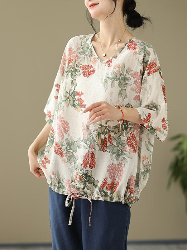 Short Linen Drawstring - Yazlık Bol Pamuklu Keten Baskılı Tişört
