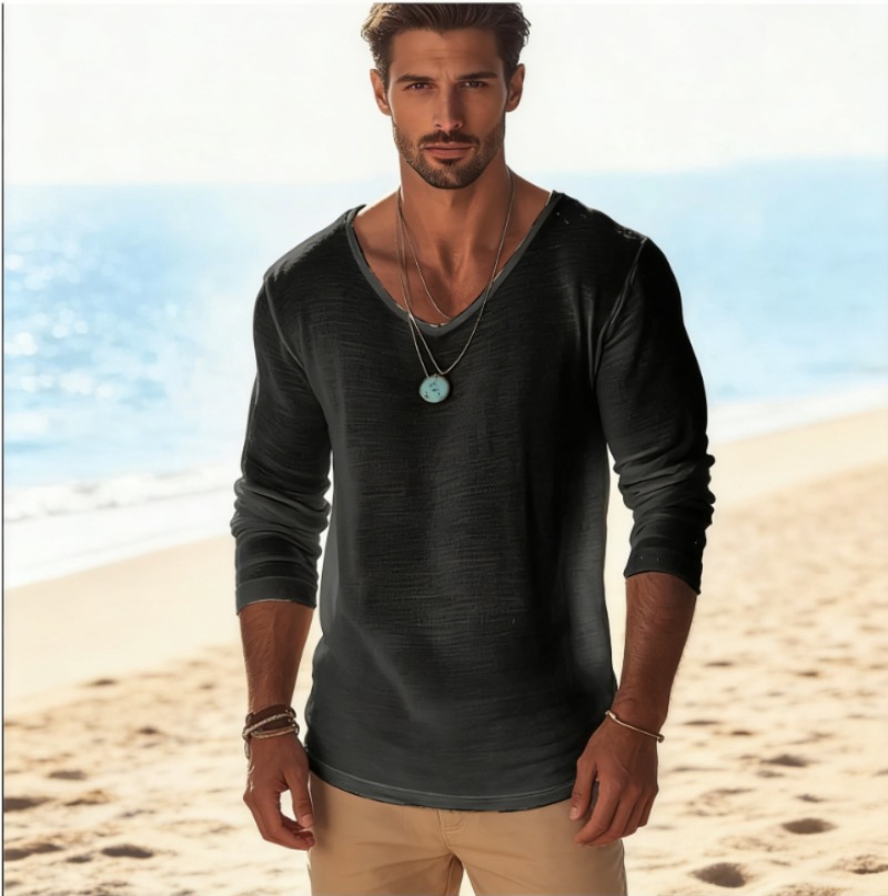 Linen Shirt Breathable - Erkek Günlük V Yaka Keten Karışımlı