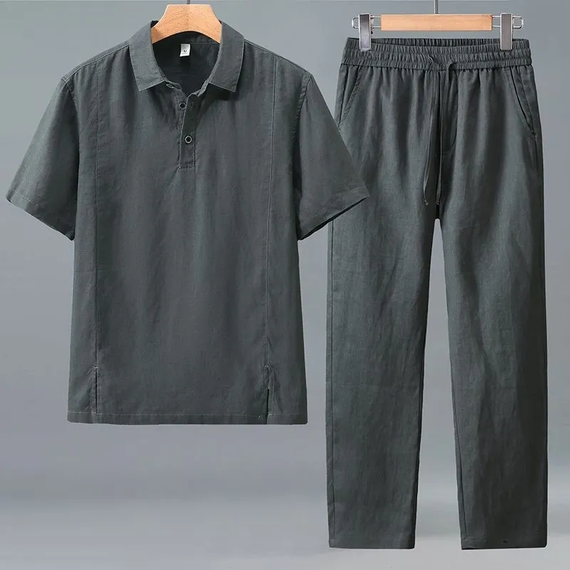 Short Linen Drawstring - Erkekler Artı Boyutu Yaz Keten İki